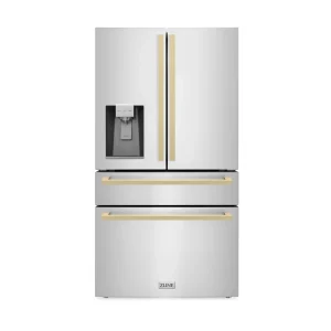 ZLINE 36-Inch Autograph Edition 21.6 cu. ft 4-Door French Door Refrigerator with Water and Ice Dispenser in Stainless Steel with Champagne Bronze Squa