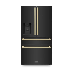 ZLINE 36-Inch Autograph Edition 21.6 cu. ft 4-Door French Door Refrigerator with Water and Ice Dispenser in Black Stainless Steel with Champagne Bronz