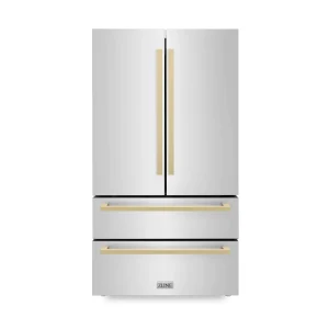 ZLINE 36-Inch Autograph Edition 22.5 cu. ft 4-Door French Door Refrigerator with Ice Maker in Stainless Steel with Champagne Bronze Square Handles (RF