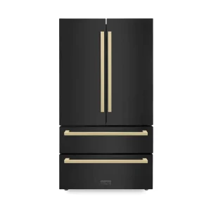 ZLINE 36-Inch Autograph Edition 22.5 cu. ft 4-Door French Door Refrigerator with Ice Maker in Black Stainless Steel with Champagne Bronze Square Handl