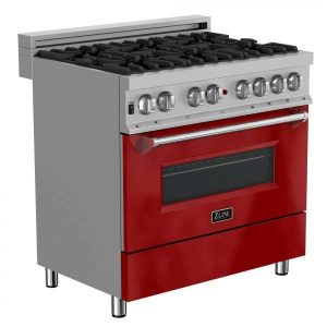 ZLINE 36-inch Legacy Series Dual Fuel Range with Gas Cooktop and Electric Oven in Fingerprint Resistant Satin Stainless Steel with Red Gloss Door (RAS
