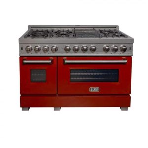 ZLINE 48-inch Legacy Series Dual Fuel Range in Fingerprint Resistant Satin Stainless Steel with Red Gloss Door (RAS-RG-48)