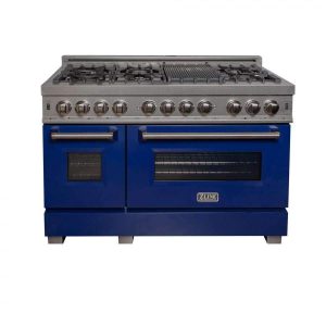 ZLINE 48-inch Legacy Series Dual Fuel Range in Fingerprint Resistant Satin Stainless Steel with Blue Gloss Door (RAS-BG-48)
