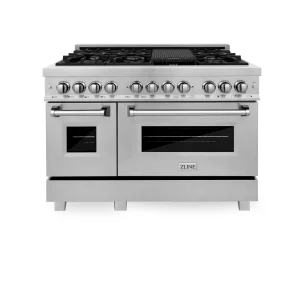 ZLINE 48-inch Legacy Series Dual Fuel Range in Fingerprint Resistant Satin Stainless Steel and Fingerprint Resistant Satin Stainless Steel® Door (RAS-