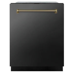 ZLINE Autograph 24-Inch Monument Dishwasher in Black Stainless Steel with Champagne Bronze Helix Handle, 44dBa (DWMTZ-BS-24-KCB)