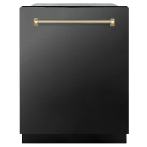 ZLINE Autograph 24-Inch Monument Dishwasher in Black Stainless Steel with Polished Gold Helix Handle, 44dBa (DWMTZ-BS-24-KG)