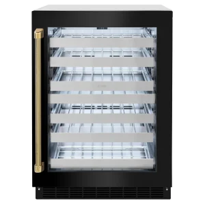 ZLINE Autograph 24-Inch Touchstone Dual Zone Wine Cooler with Black Stainless Steel with Glass Door & Gold Helix Handle (RWDOZ-BS-24-KG)