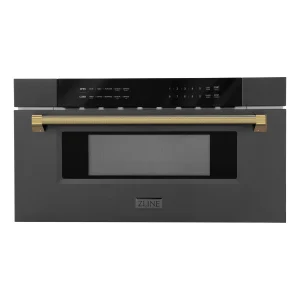 ZLINE Autograph 30-Inch Microwave Drawer in Black Stainless Steel and Polished Gold Helix Handle (MWDZ-30-BS-KG)