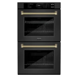 ZLINE Autograph 30-Inch True Convection Double Wall Oven in Black Stainless Steel with Bronze Helix Handles (WADBZ-30-KCB)