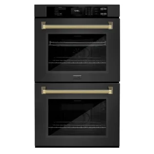 ZLINE Autograph 30-Inch True Convection Double Wall Oven in Black Stainless Steel with Gold Helix Handles (WADBZ-30-KG)