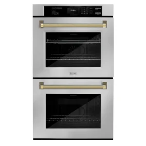 ZLINE Autograph 30-Inch True Convection Double Wall Oven in Stainless Steel & Gold Helix Handles (WADZ-30-KG)