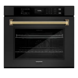 ZLINE Autograph 30-Inch True Convection Single Wall Oven in Black Stainless Steel with Gold Helix Handle (WASBZ-30-KG)