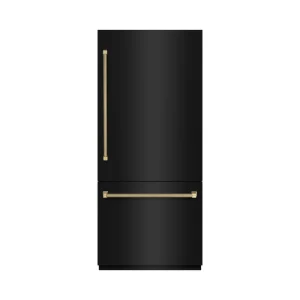 ZLINE Autograph 36-Inch Black Stainless Steel Built-In Refrigerator w/ Gray Interior & Bronze Helix Handles (GRBITZ-BS36-KCB)