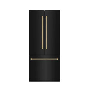 ZLINE Autograph 36-Inch Black Stainless Steel French Door Fridge w/ Stainless Interior & Gold Helix Handles (SRBIVZ-BS36KG)