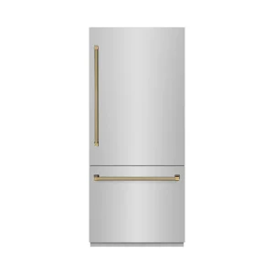 ZLINE Autograph 36-Inch Built-In Refrigerator w/ Gray Interior and Polished Gold Helix Handles (GRBITZ-30436KG)