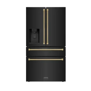 ZLINE Autograph 36-Inch Counter-Depth Fridge w/ Water Dispenser in Black Stainless Steel & Gold Helix Handles (RFMZ-W-36-BS-KG)