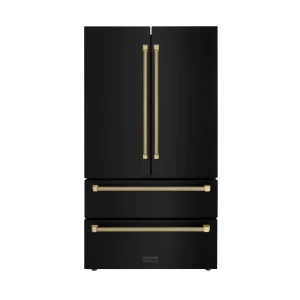 ZLINE Autograph 36-Inch Counter-Depth Refrigerator in Black Stainless Steel and Bronze Helix Handles (RFMZ-36-BS-KCB)