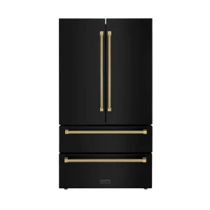ZLINE Autograph 36-Inch Counter-Depth Refrigerator in Black Stainless Steel and Gold Helix Handles (RFMZ-36-BS-KG)