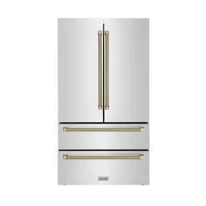 ZLINE Autograph 36-Inch Counter-Depth Refrigerator in Stainless Steel and Bronze Helix Handles (RFMZ-36-KCB)