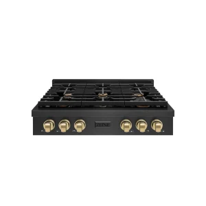 ZLINE Autograph 36-Inch Paramount Gas Rangetop with 6 Burners and Porcelain Cooktop in Black Satin with Champagne Accents (SRTBSZ-36-CB)