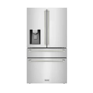 ZLINE Autograph 36-Inch Stainless Counter-Depth Fridge w/ Water Dispenser & Nickel Helix Handles (RFMZ-W-36-KPN)