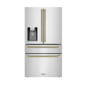 ZLINE Autograph 36-Inch Stainless Counter-Depth Fridge w/ Water Dispenser & Bronze Helix Handles (RFMZ-W-36-KCB)