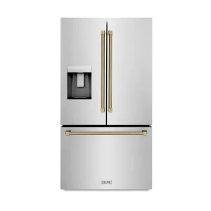 ZLINE Autograph 36-Inch Standard-Depth French Door Refigerator with External Water Dispenser & Dual Ice Maker in Stainless Steel with Gold Helix Handl