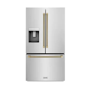 ZLINE Autograph 36-Inch Standard-Depth French Door Refigerator with External Water Dispenser & Dual Ice Maker in Stainless Steel with Bronze Helix Han