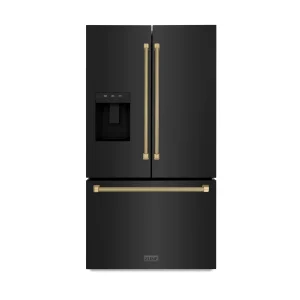 ZLINE Autograph 36-Inch Standard-Depth French Door Refrigerator with External Water Dispenser & Dual Ice Maker in Black Stainless Steel with Bronze He