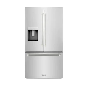 ZLINE Autograph 36-Inch Standard-Depth French Door Refrigerator with External Water Dispenser & Dual Ice Maker in Stainless Steel with Nickel Helix Ha