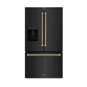 ZLINE Autograph 36-Inch Standard-Depth French Door Refrigerator with External Water Dispenser & Dual Ice Maker in Black Stainless Steel with Gold Heli