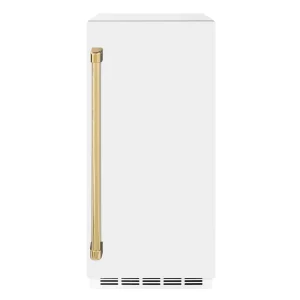 ZLINE Autograph Edition 15-Inch Touchstone Clear Cube Ice Maker with Drain Pump in White Matte and Gold Handle (ICCDZ-WM-15-G)