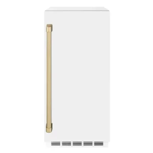 ZLINE Autograph Edition 15-Inch Touchstone Clear Cube Ice Maker with Drain Pump in White Matte and Champagne Bronze Handle (ICCDZ-WM-15-CB)