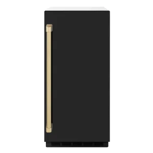 ZLINE Autograph Edition 15-Inch Touchstone Clear Cube Ice Maker with Drain Pump in Black Matte and Champagne Bronze Handle (ICCDZ-BLM-15-CB)