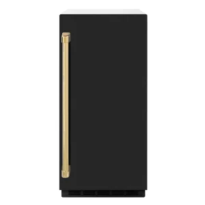 ZLINE Autograph Edition 15-Inch Touchstone Clear Cube Ice Maker with Drain Pump in Black Matte and Gold Handle (ICCDZ-BLM-15-G)