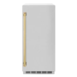 ZLINE Autograph Edition 15-Inch Touchstone Gourmet Ice Maker with Drain Pump in Satin Stainless Steel and Gold Handle (IGMDZ-SN-15-G)
