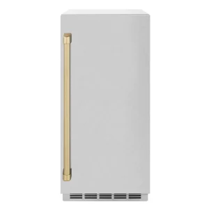 ZLINE Autograph Edition 15-Inch Touchstone Gourmet Ice Maker with Drain Pump in Satin Stainless Steel and Champagne Bronze Handle (IGMDZ-SN-15-CB)