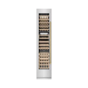 ZLINE Autograph Edition 18-Inch 9.0 Cu. Ft. Triple Zone 68 Bottle Left Hinge Column Wine Cooler in Satin Stainless Steel with Champagne Bronze Accents