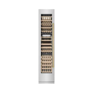 ZLINE Autograph Edition 18-Inch 9.0 Cu. Ft. Triple Zone 68 Bottle Left Hinge Column Wine Cooler in Satin Stainless Steel with Polished Gold Accents (R