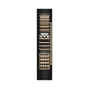 ZLINE Autograph Edition 18-Inch 9.0 Cu. Ft. Triple Zone 68 Bottle Left Hinge Column Wine Cooler in Black Stainless Steel with Champagne Bronze Accents