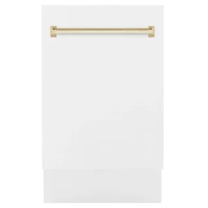 ZLINE Autograph Edition 18-Inch Compact 3rd Rack Top Control Dishwasher in White Matte with Gold Handle, 51dBa (DWVZ-WM-18-G)