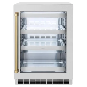 ZLINE Autograph Edition 24 in. Touchstone 151 Can Beverage Fridge with Satin Stainless Steel Glass Door and Champagne Bronze Handle (RBSOZ-SN-24-CB)