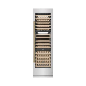 ZLINE Autograph Edition 24-Inch 12.4 Cu. Ft. Triple Zone 100 Bottle Column Wine Cooler in Satin Stainless Steel and Champagne Bronze Accents (RCWVZ-SN