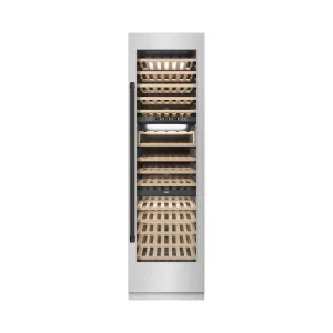 ZLINE Autograph Edition 24-Inch 12.4 Cu. Ft. Triple Zone 100 Bottle Column Wine Cooler in Satin Stainless Steel and Matte Black Accents (RCWVZ-SN-24-M