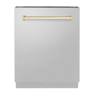ZLINE Autograph Edition 24-Inch 3rd Rack Top Control Tall Tub Dishwasher in Stainless Steel with Gold Handle, 51dBa (DWVZ-304-24-G)