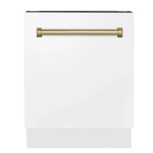 ZLINE Autograph Edition 24-Inch 3rd Rack Top Control Tall Tub Dishwasher in White Matte with Champagne Bronze Handle, 51dBa (DWVZ-WM-24-CB)