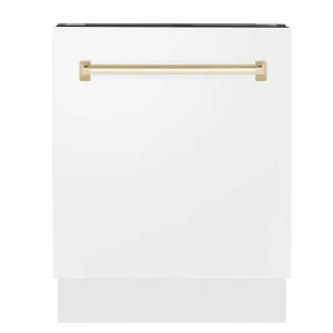 ZLINE Autograph Edition 24-Inch 3rd Rack Top Control Tall Tub Dishwasher in White Matte with Gold Handle, 51dBa (DWVZ-WM-24-G)