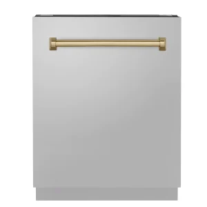 ZLINE Autograph Edition 24-Inch 3rd Rack Top Control Tall Tub Dishwasher in Stainless Steel with Champagne Bronze Handle, 51dBa (DWVZ-304-24-CB)