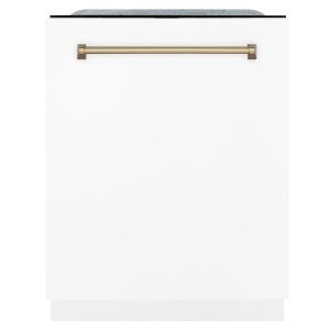ZLINE Autograph Edition 24-Inch 3rd Rack Top Touch Control Dishwasher in White Matte with Champagne Bronze Handle, 44 dBa (DWMTZ-WM-24-CB)