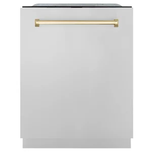 ZLINE Autograph Edition 24-Inch 3rd Rack Top Touch Control Dishwasher in Stainless Steel with Gold Handle, 44 dBa (DWMTZ-304-24-G)